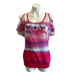 Maurices Cold Shoulder Summer Top Pink Shirt Size Medium Tropical Sunset Sequins